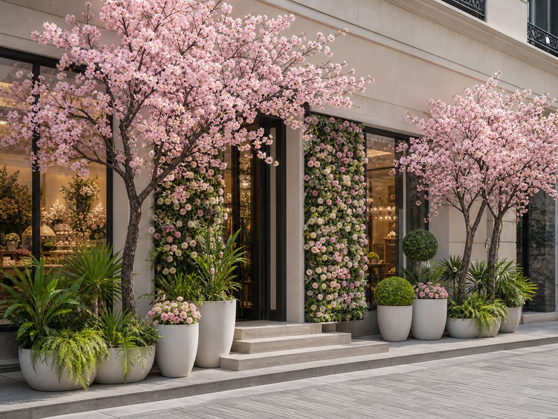 Outdoor plaza blossom trees